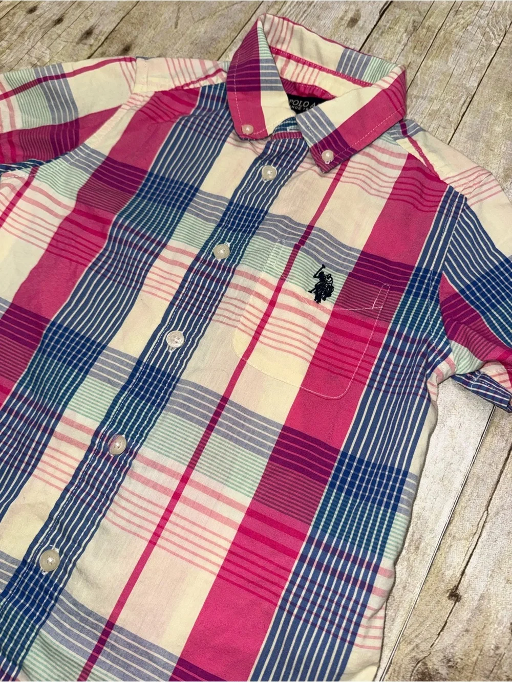 U.S. Polo Assn. Boys Pink Blue Green Plaid Button-Down Shirt